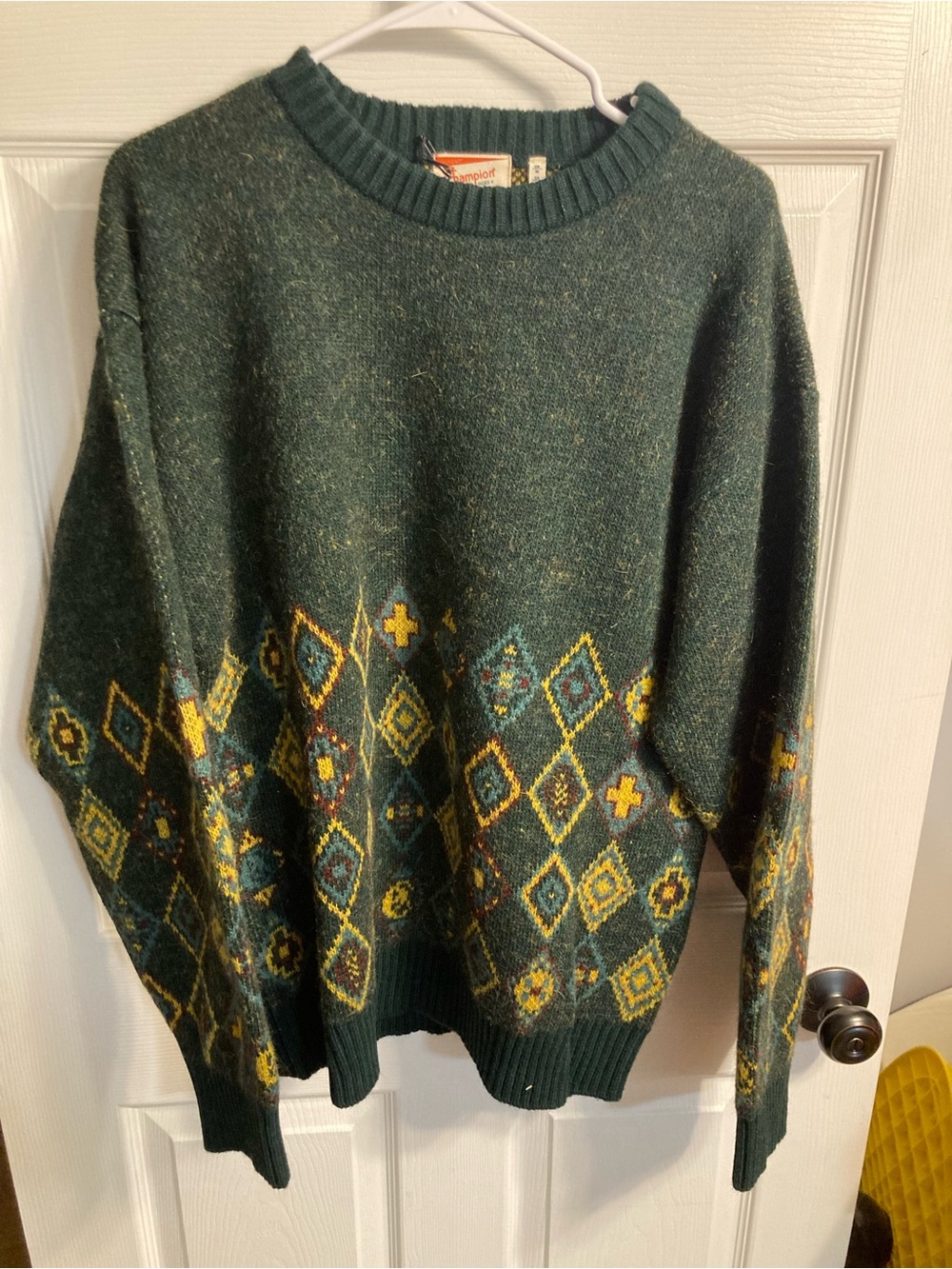 Champion Green Crewneck Wool Sweater with Yellow & Teal Geometric Motif